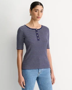 Clearance Sportscraft Allie Rib Henley Tee in Navywhite Navy/white