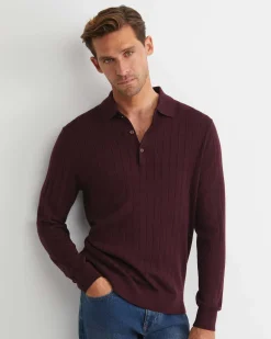 Sale Sportscraft Angus Merino Long Sleeve Knit Polo in Burgundy