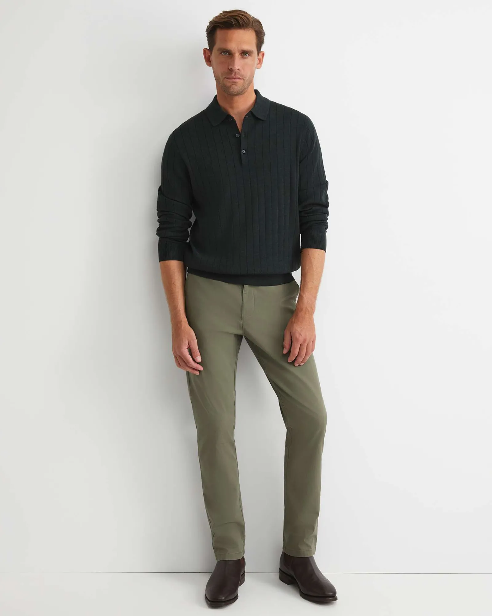 New Sportscraft Angus Merino Long Sleeve Knit Polo in Forest