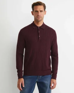 Sale Sportscraft Angus Merino Long Sleeve Knit Polo in Burgundy