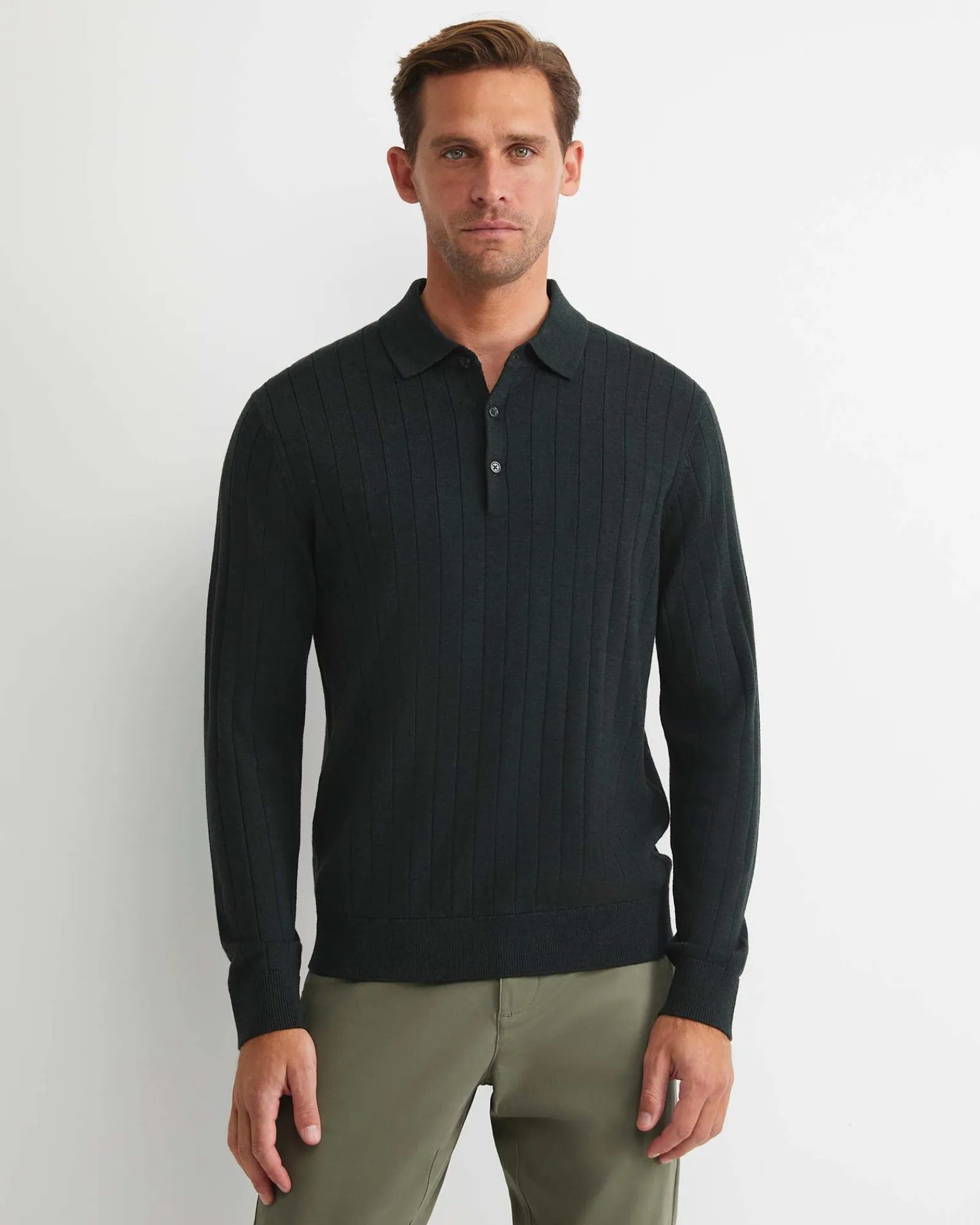 New Sportscraft Angus Merino Long Sleeve Knit Polo in Forest