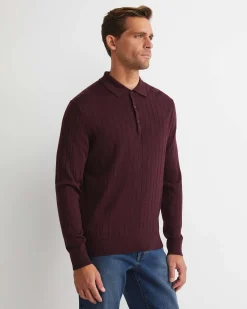 Sale Sportscraft Angus Merino Long Sleeve Knit Polo in Burgundy