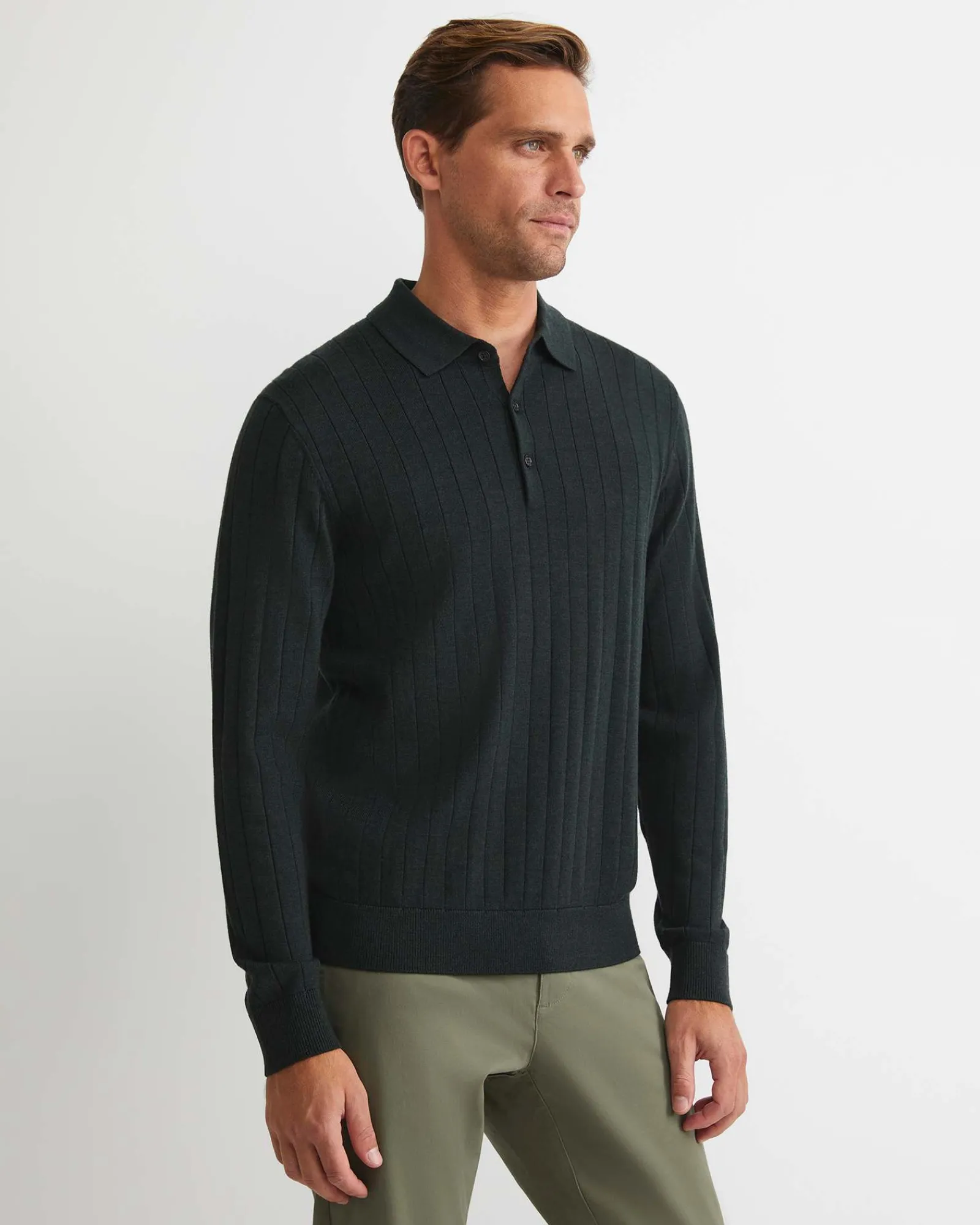 New Sportscraft Angus Merino Long Sleeve Knit Polo in Forest