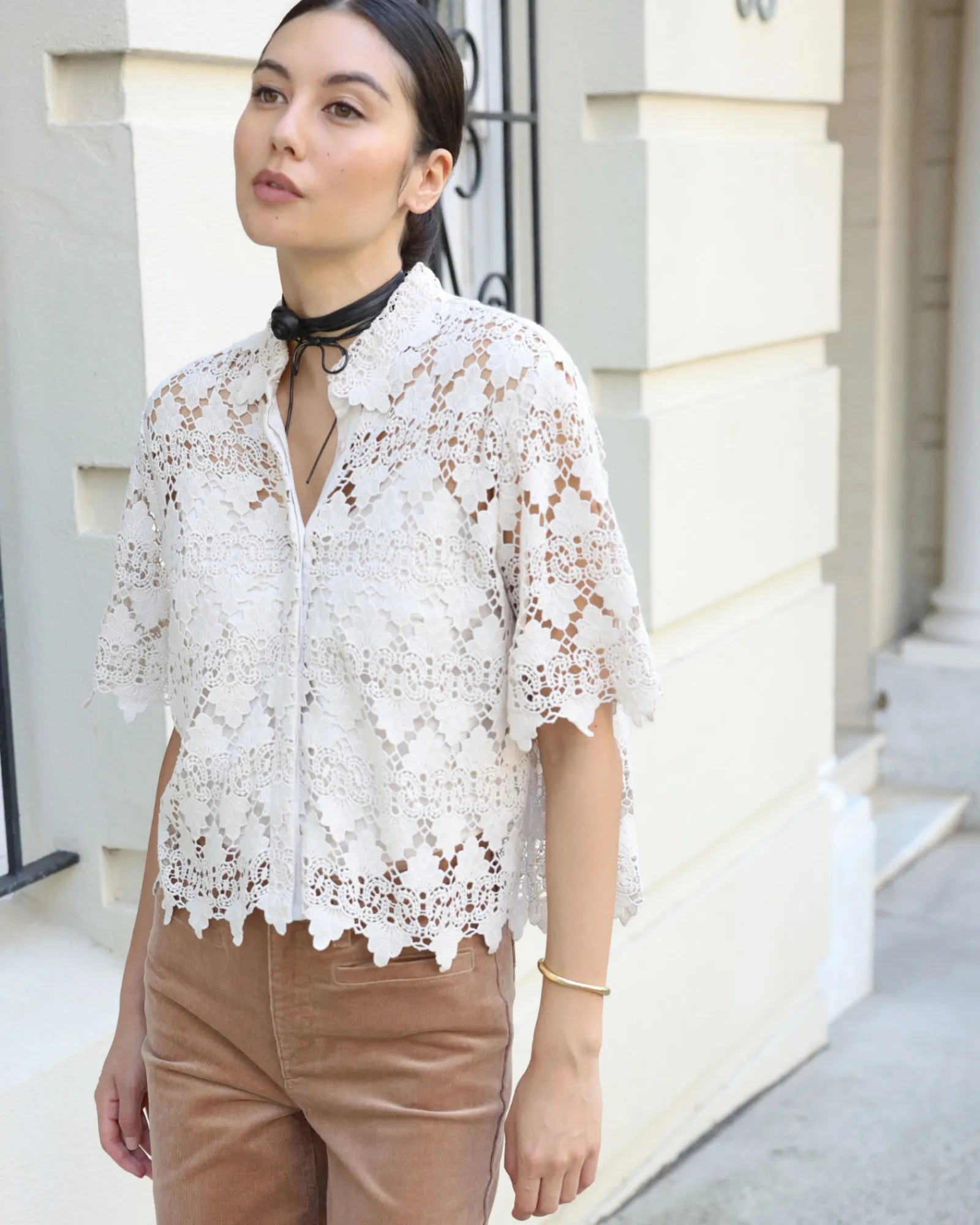 Fashion Sportscraft Ariana Lace Cropped Shirt in Chalk