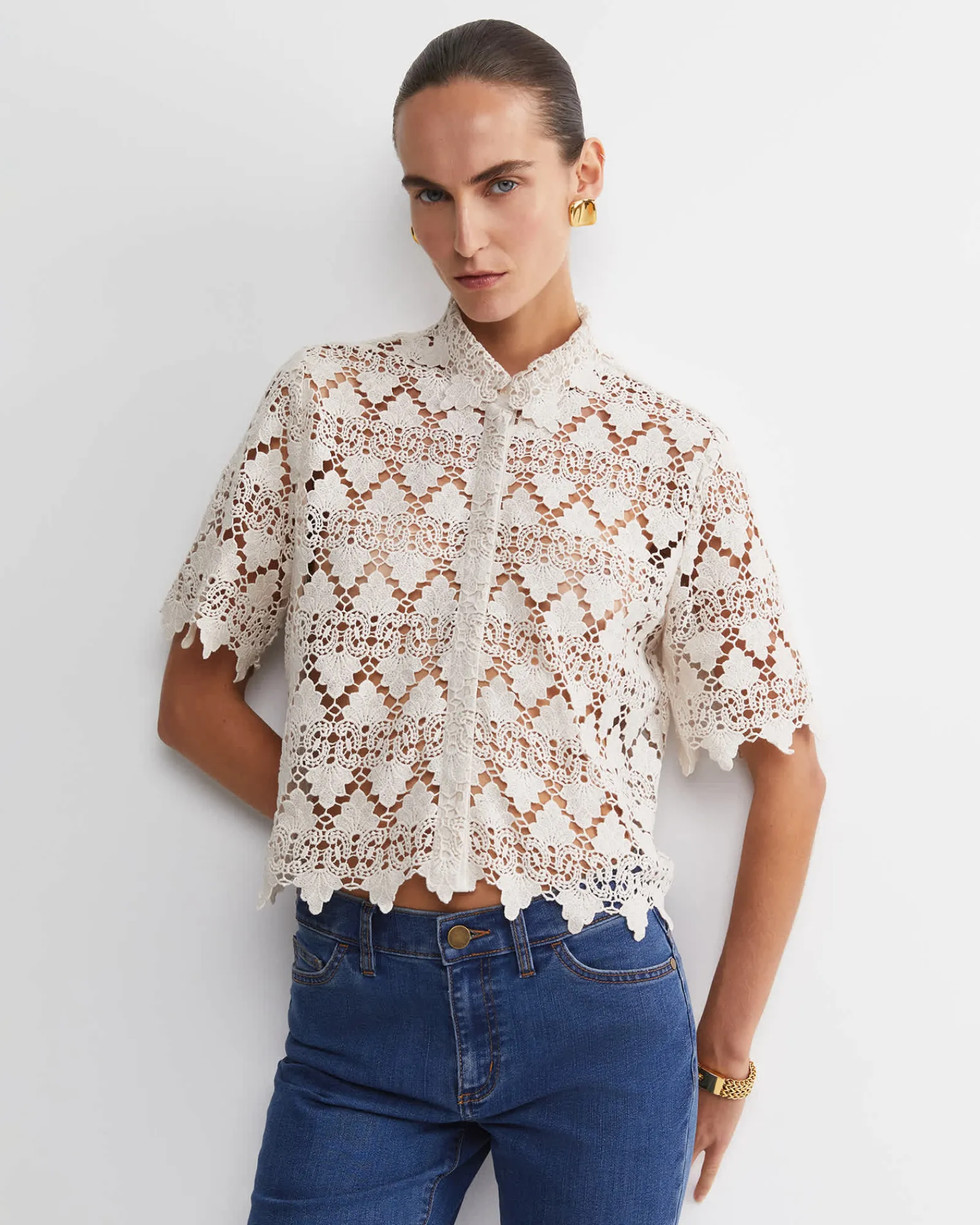 Fashion Sportscraft Ariana Lace Cropped Shirt in Chalk
