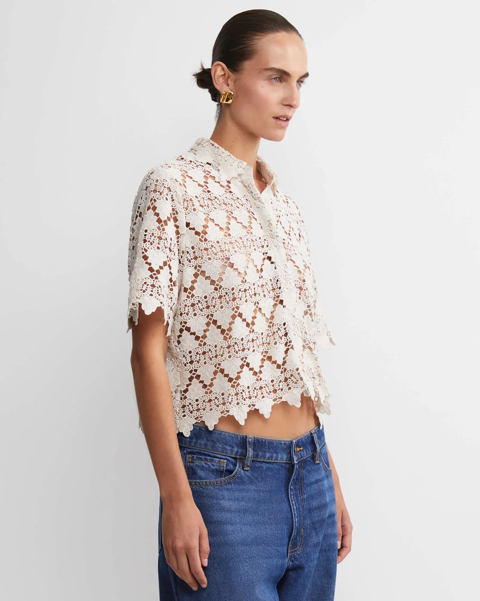 Fashion Sportscraft Ariana Lace Cropped Shirt in Chalk