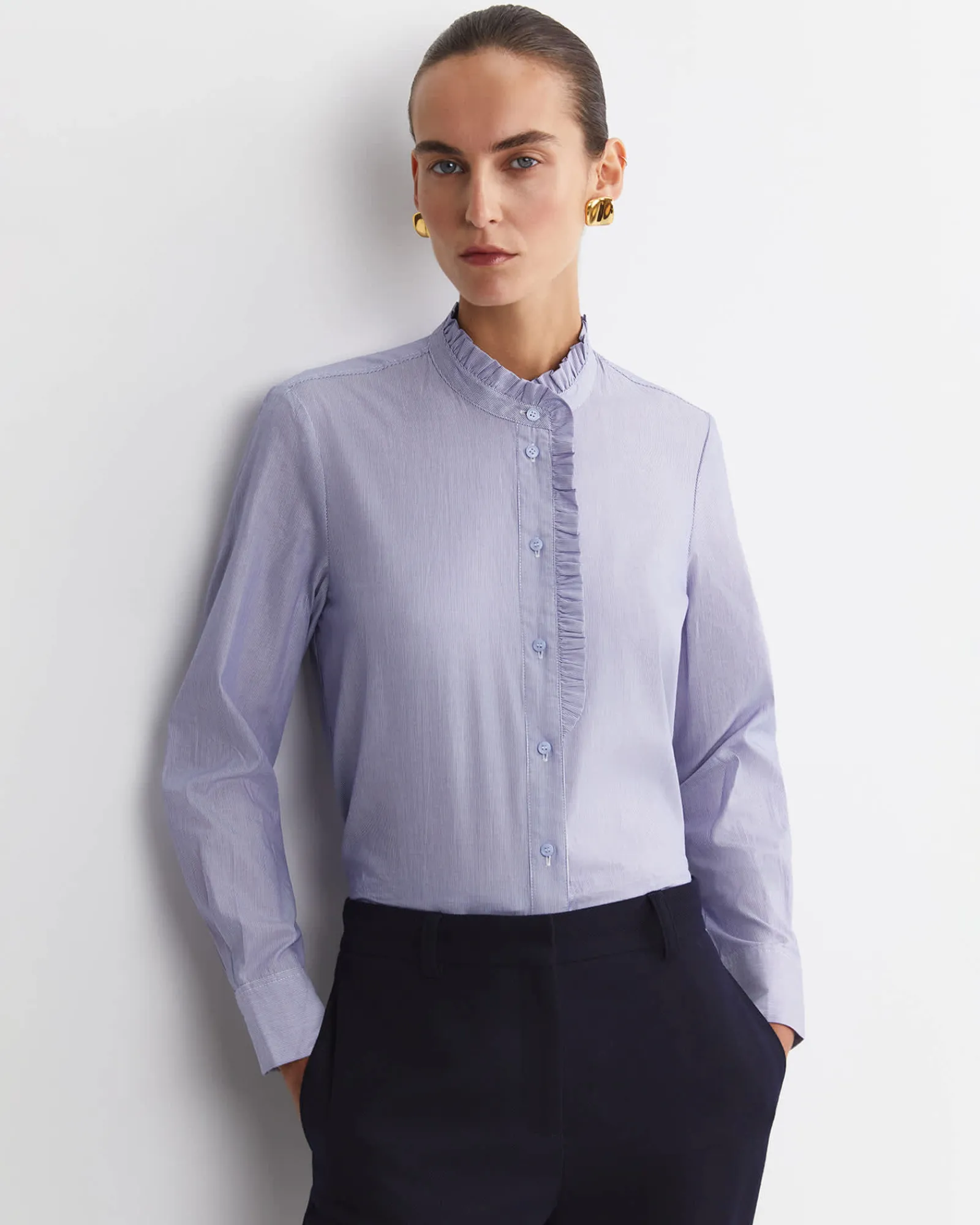 New Sportscraft Asha Stripe Ruffle Blouse in Bluewhite Blue/white
