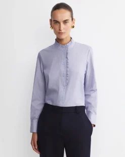 New Sportscraft Asha Stripe Ruffle Blouse in Bluewhite Blue/white
