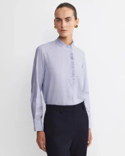 New Sportscraft Asha Stripe Ruffle Blouse in Bluewhite Blue/white