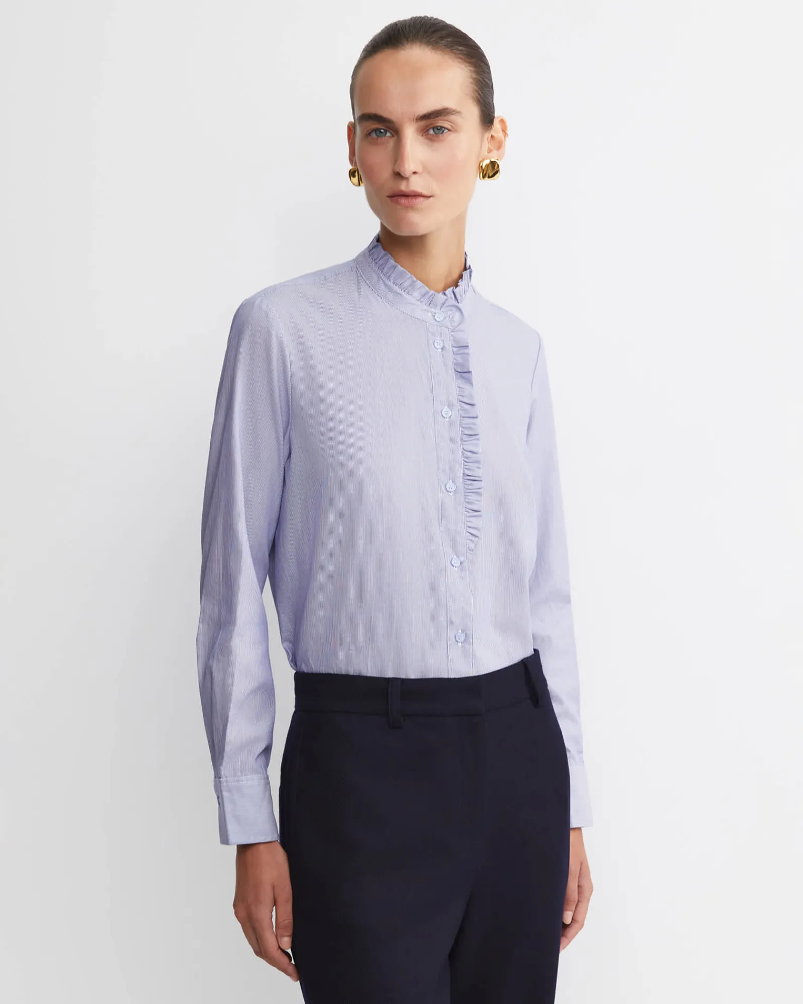 New Sportscraft Asha Stripe Ruffle Blouse in Bluewhite Blue/white