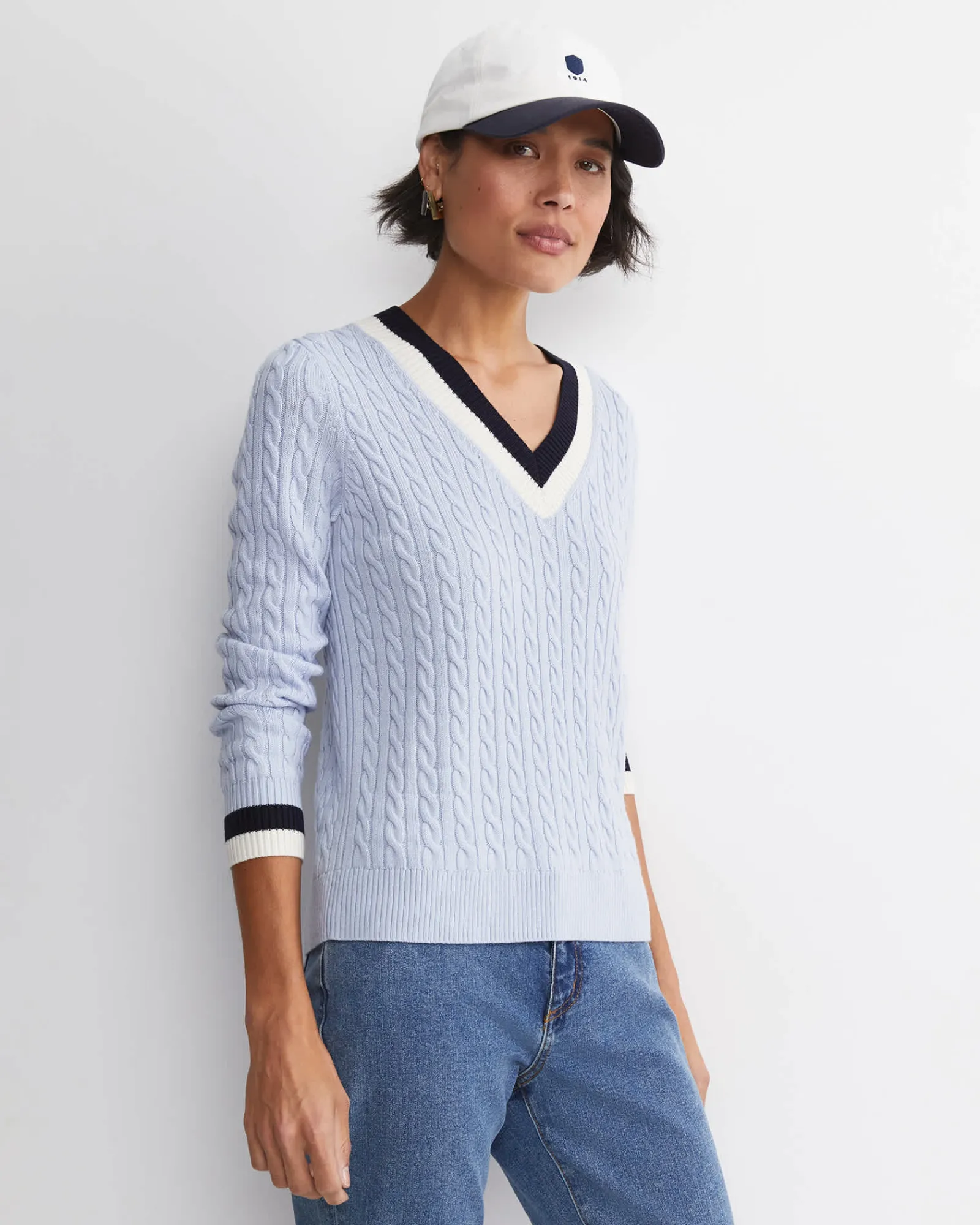 Fashion Sportscraft Baby Cable V-Neck Sweater in Ice Blue IceBlue