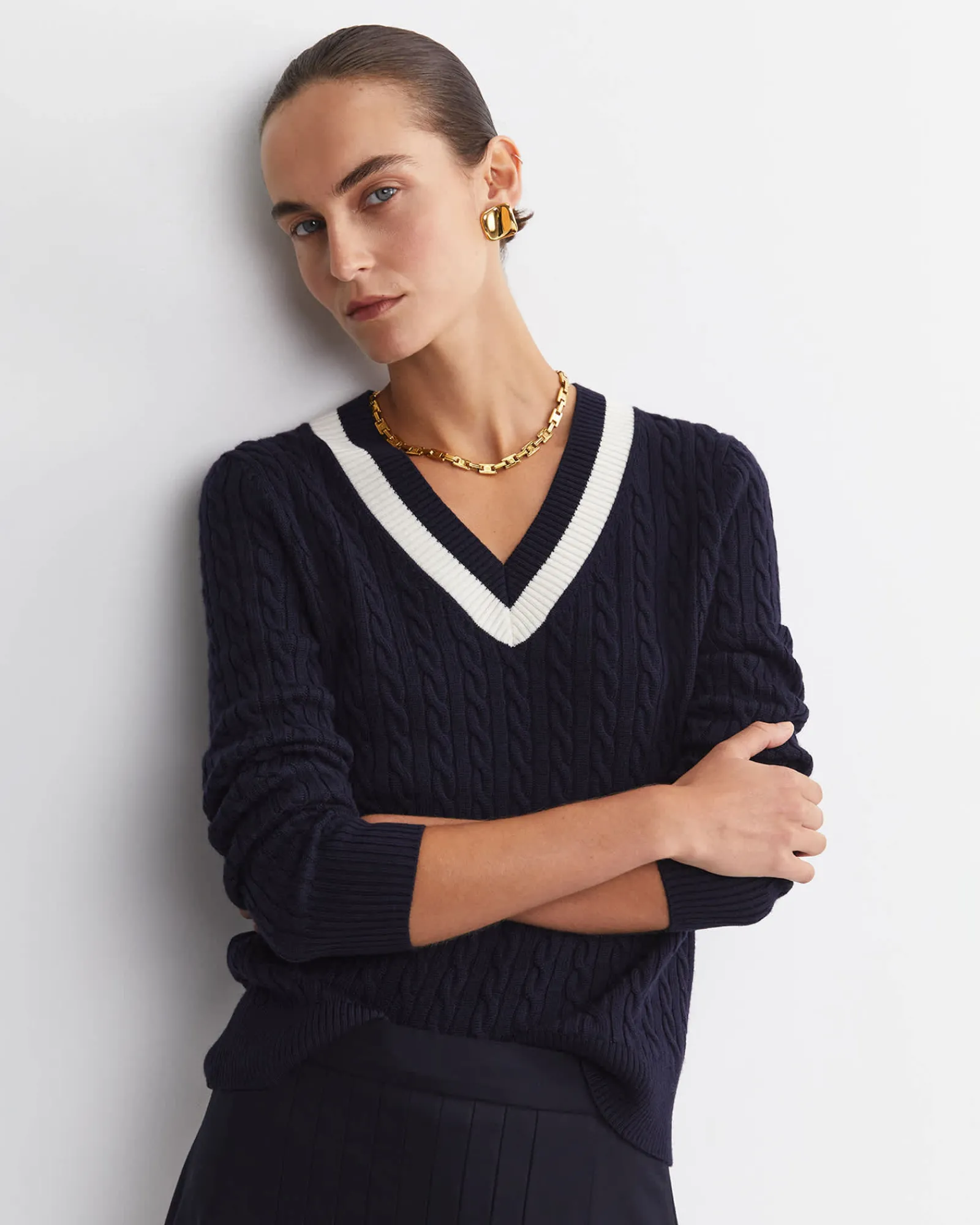 Discount Sportscraft Baby Cable V-Neck Sweater in Navywhite Navy/white