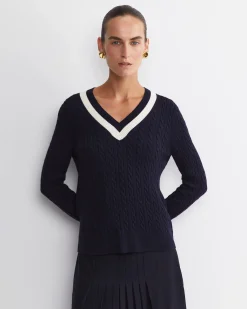 Discount Sportscraft Baby Cable V-Neck Sweater in Navywhite Navy/white