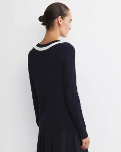Discount Sportscraft Baby Cable V-Neck Sweater in Navywhite Navy/white