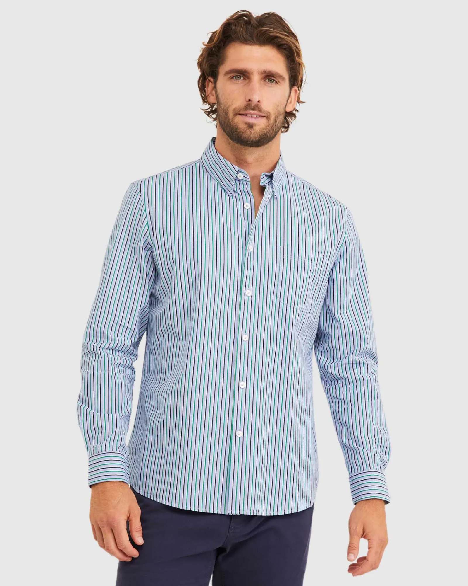 Clearance Sportscraft Bromwich Long Sleeve Regular Stripe Shirt in Blue