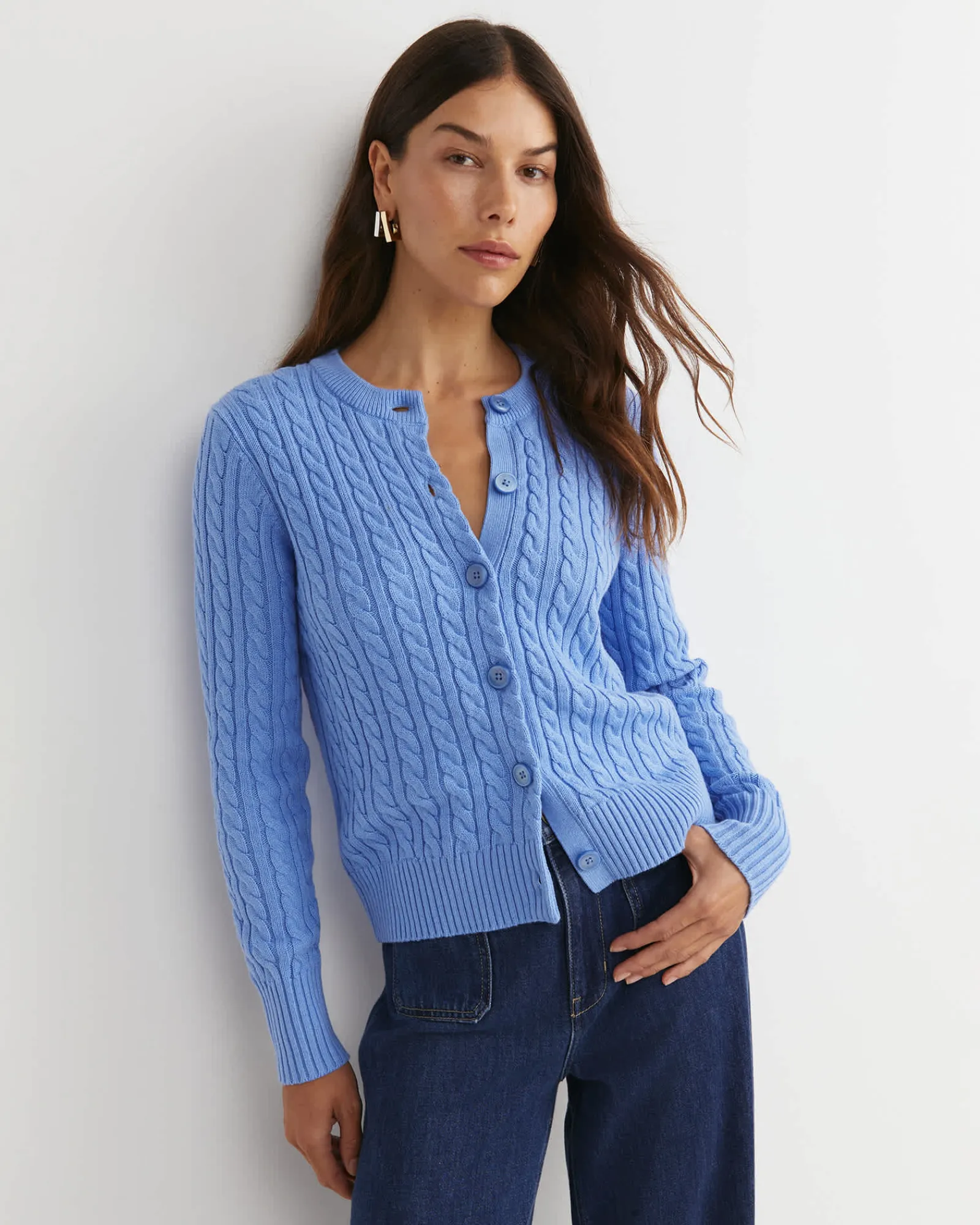 New Sportscraft Cable Merino Cotton Cardigan in Belle Blue BelleBlue