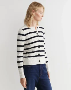 Best Sportscraft Cable Merino Cotton Cardigan in Whitenavy White/navy