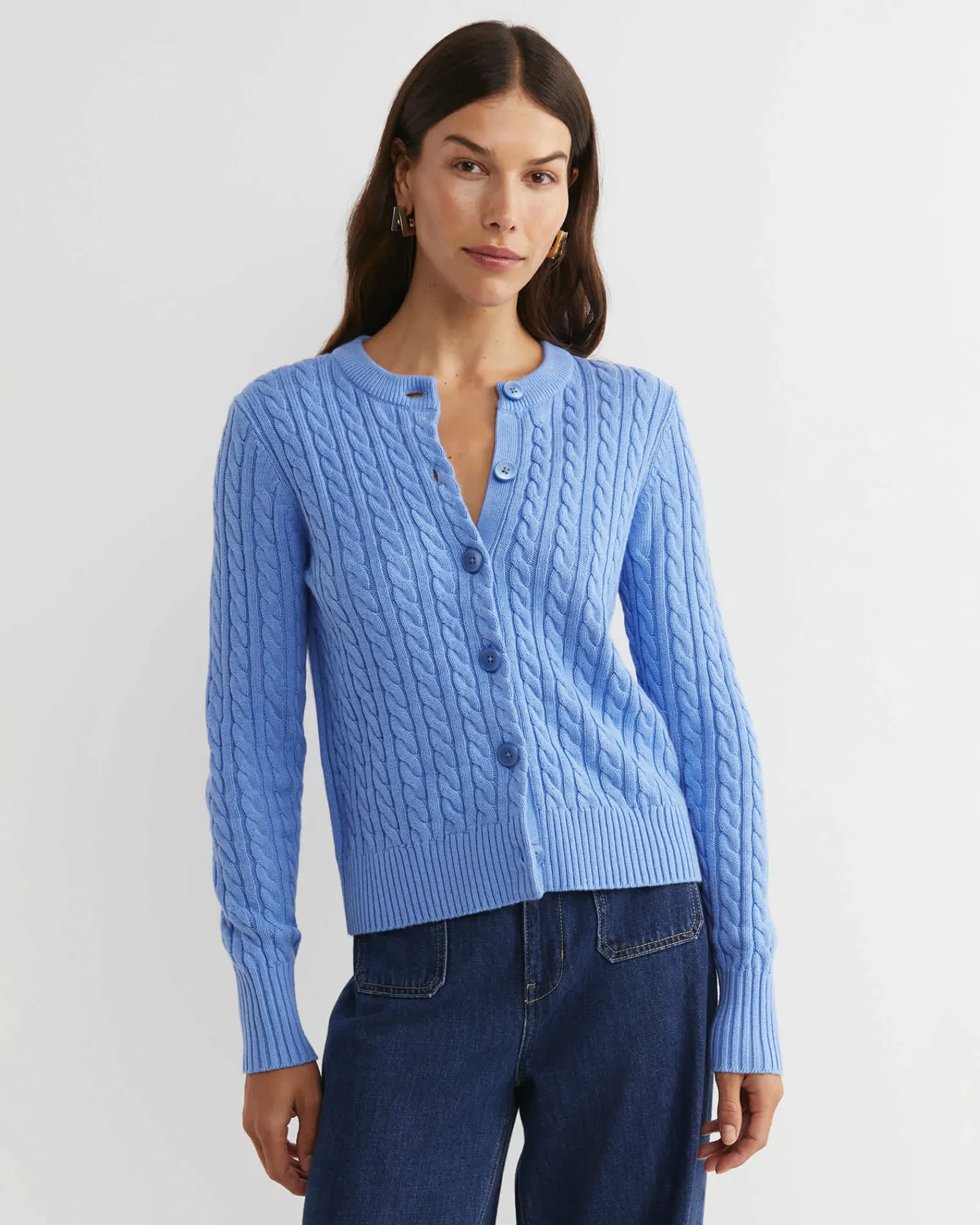 New Sportscraft Cable Merino Cotton Cardigan in Belle Blue BelleBlue