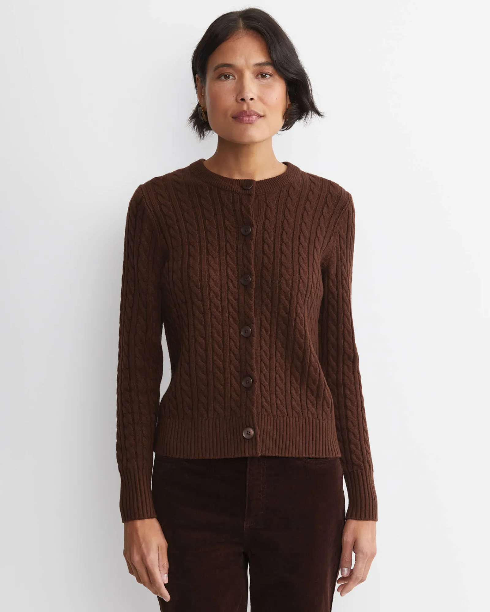 Hot Sportscraft Cable Merino Cotton Cardigan in Chocolate