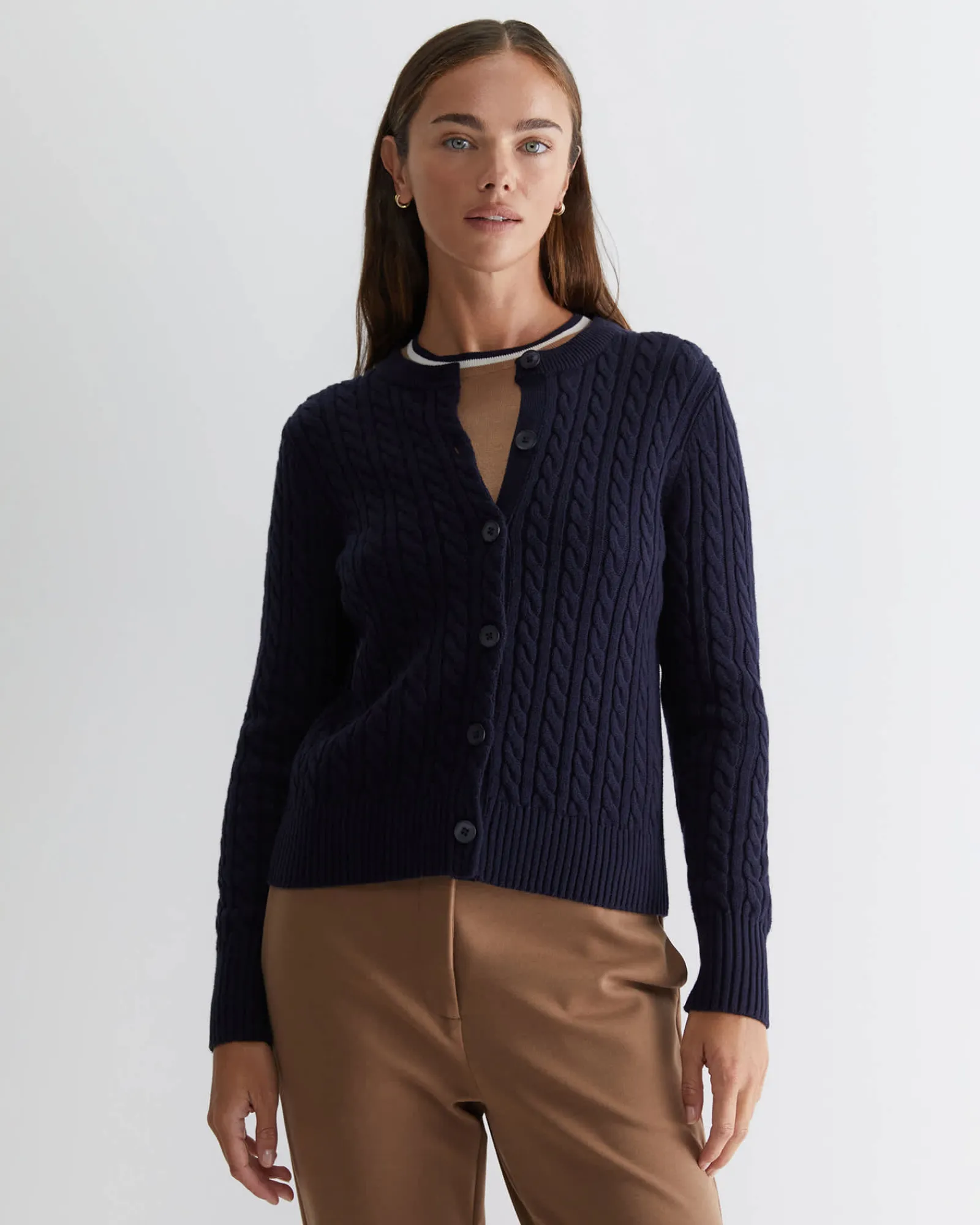 Best Sportscraft Cable Merino Cotton Cardigan in Navy