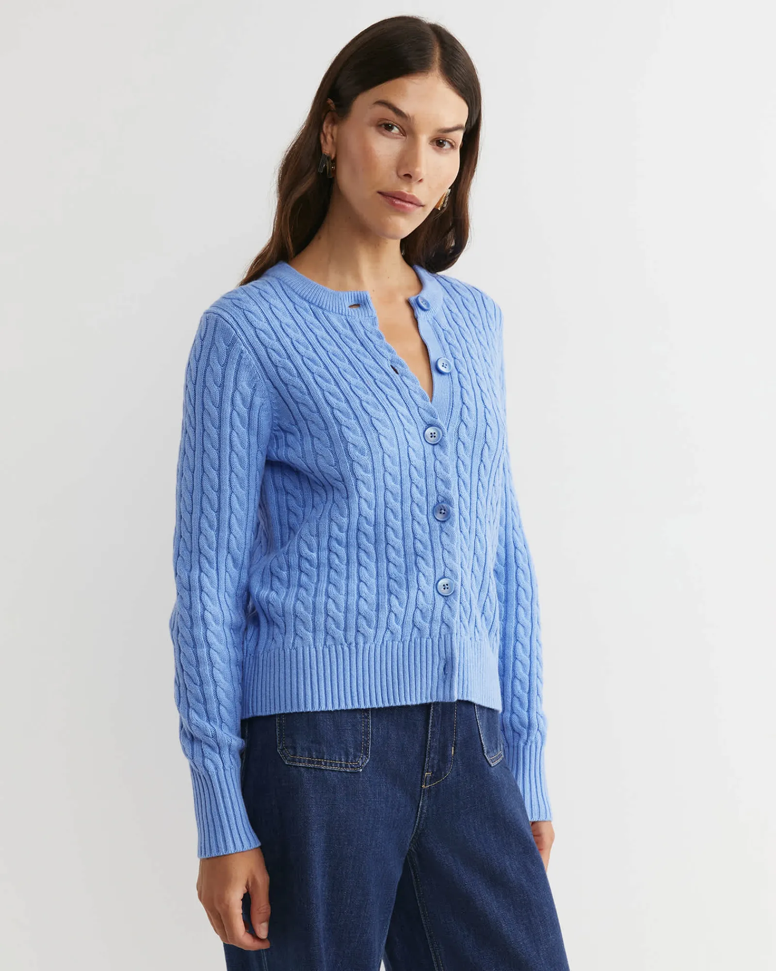 New Sportscraft Cable Merino Cotton Cardigan in Belle Blue BelleBlue