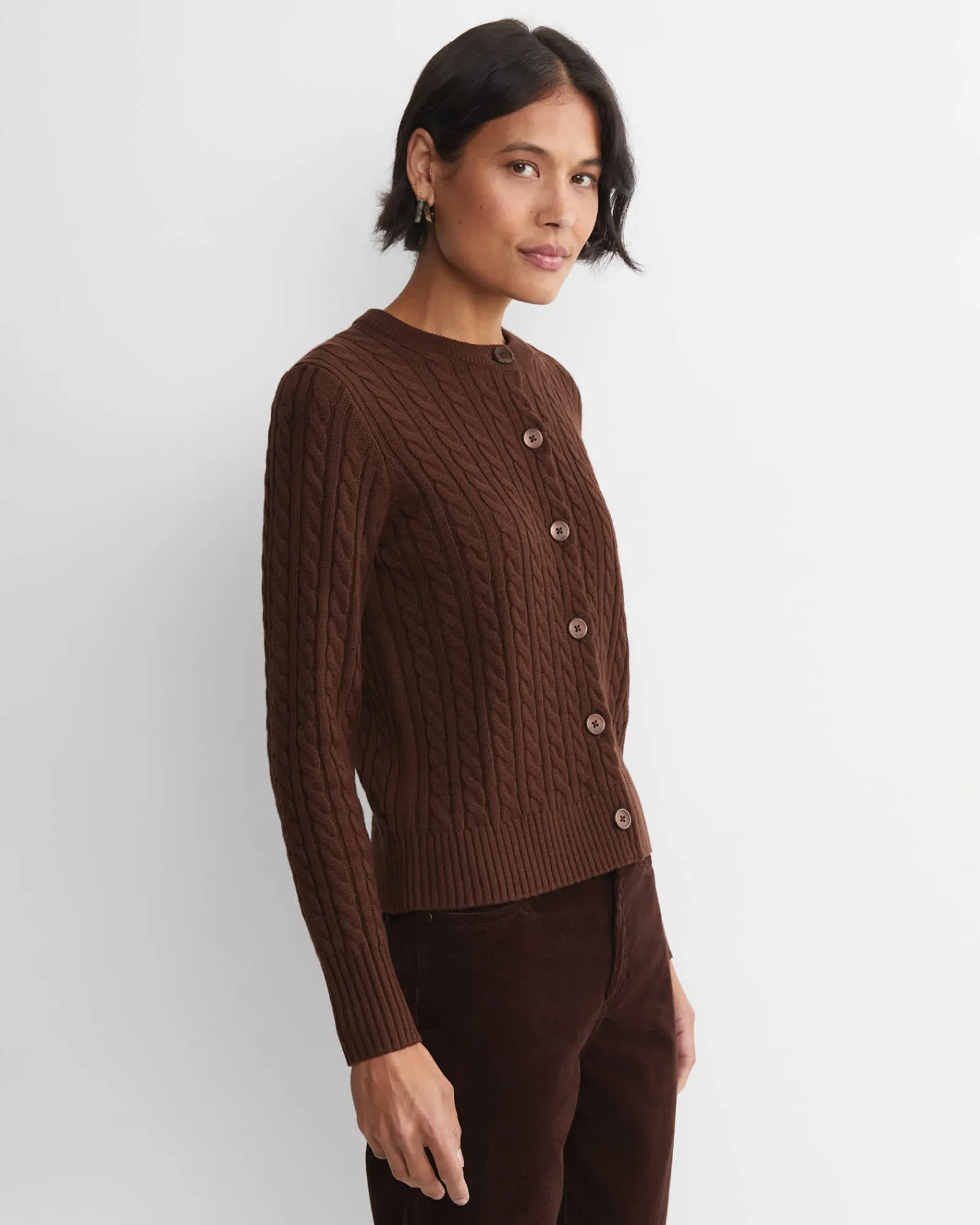 Hot Sportscraft Cable Merino Cotton Cardigan in Chocolate