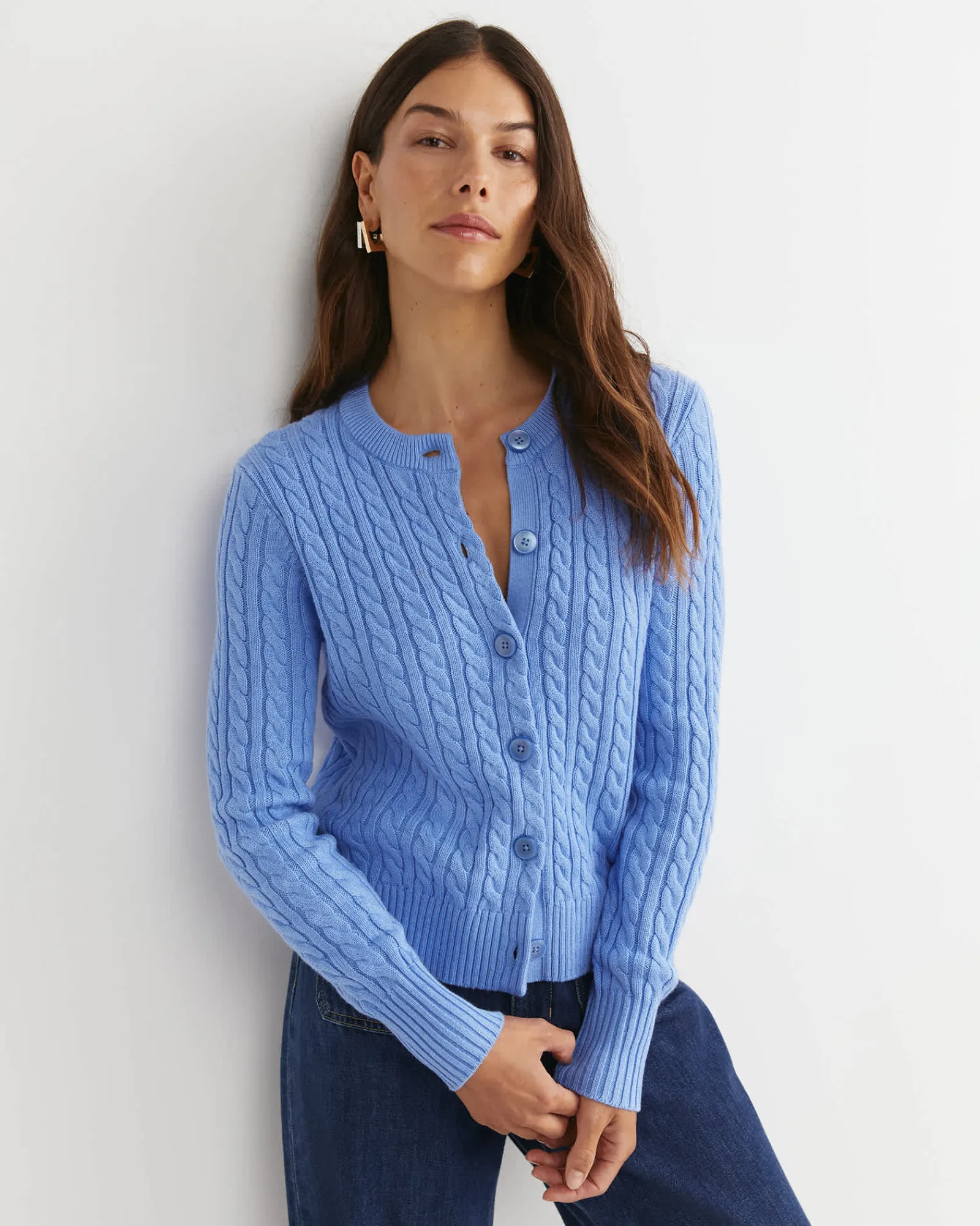 New Sportscraft Cable Merino Cotton Cardigan in Belle Blue BelleBlue