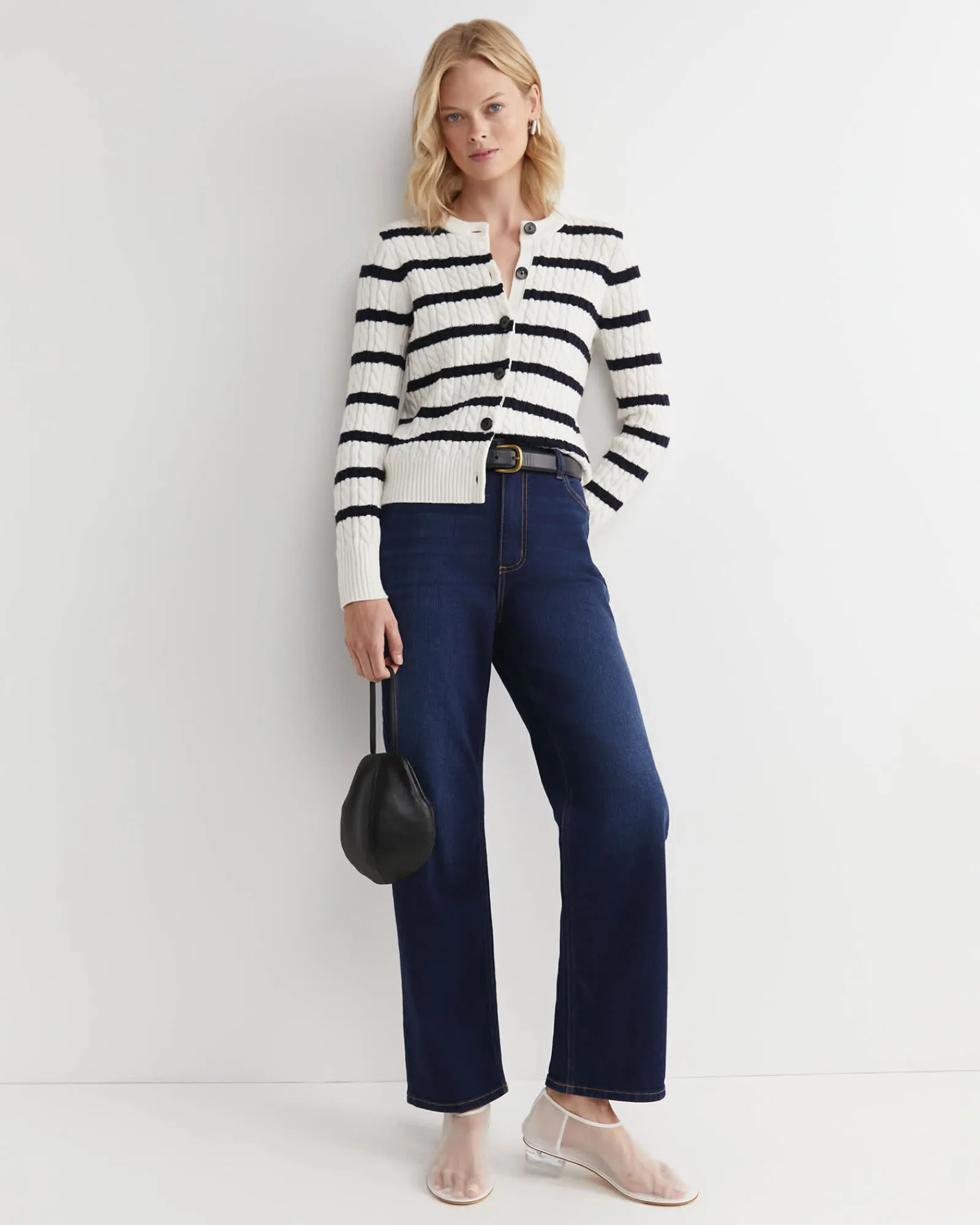 Best Sportscraft Cable Merino Cotton Cardigan in Whitenavy White/navy