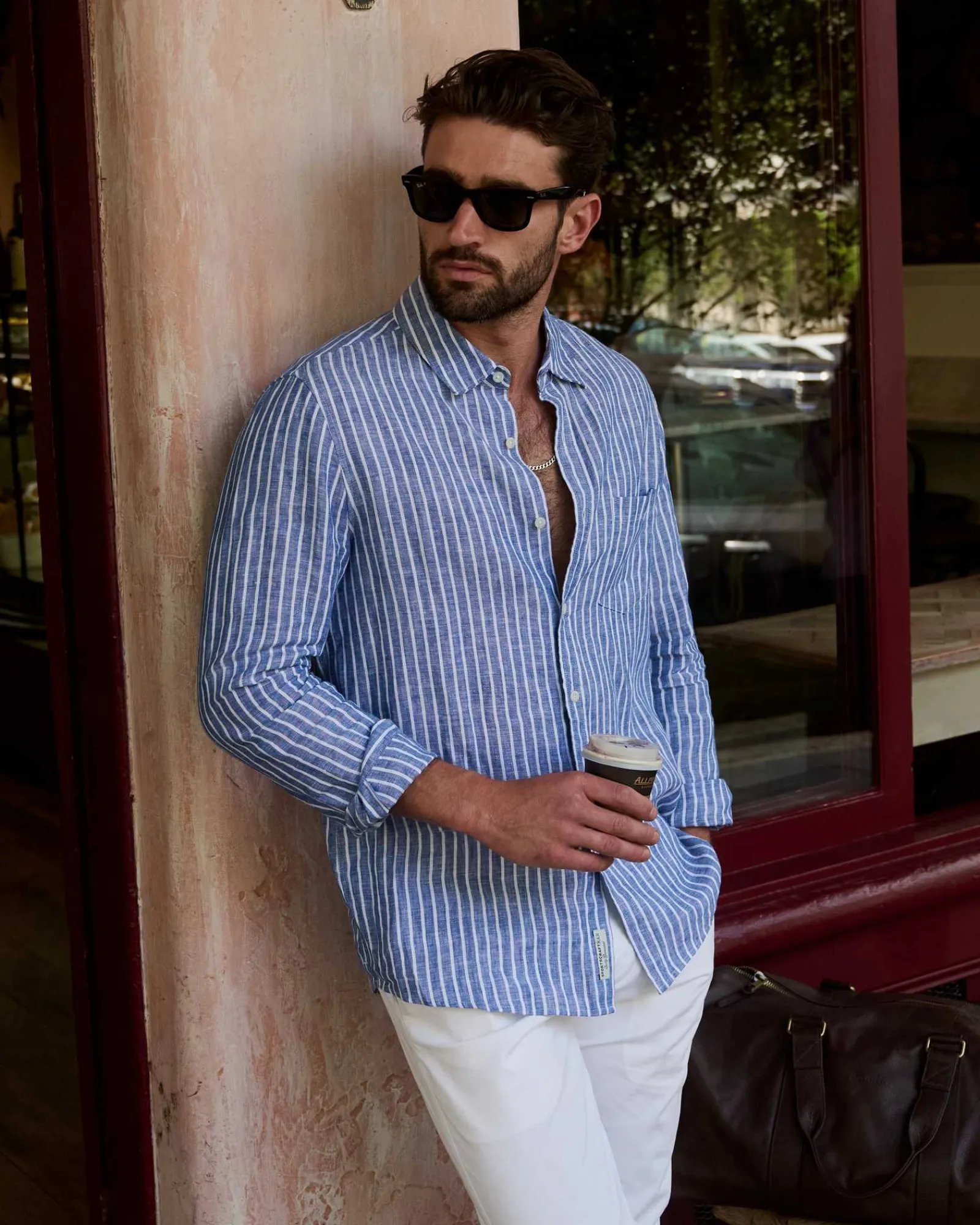 Discount Sportscraft Chalmers Long Sleeve Stripe Linen Shirt in Bluewhite Blue/white