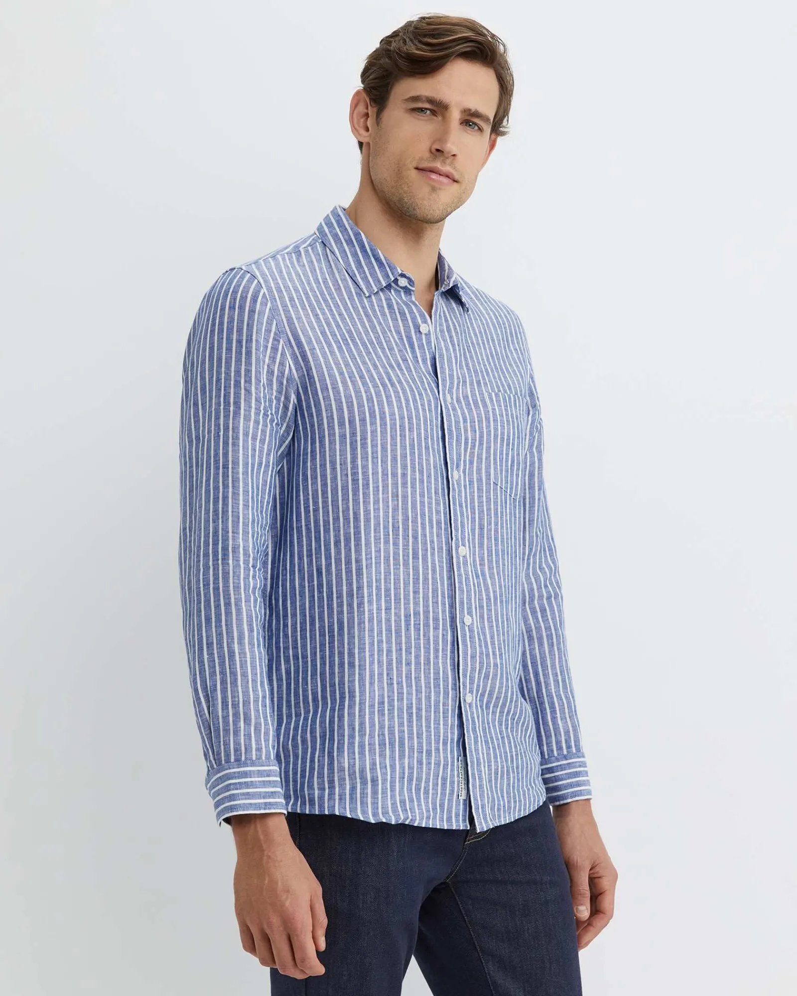 Discount Sportscraft Chalmers Long Sleeve Stripe Linen Shirt in Bluewhite Blue/white