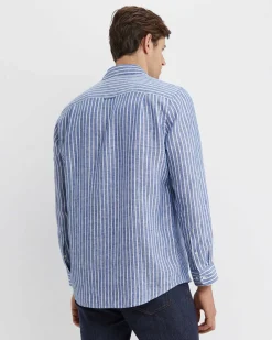 Discount Sportscraft Chalmers Long Sleeve Stripe Linen Shirt in Bluewhite Blue/white