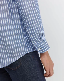 Discount Sportscraft Chalmers Long Sleeve Stripe Linen Shirt in Bluewhite Blue/white