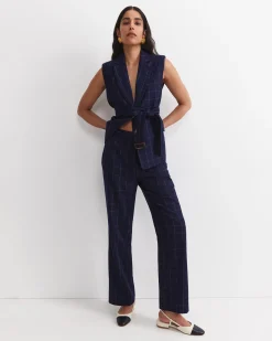 Clearance Sportscraft Chiara Check Straight Pant in Navy