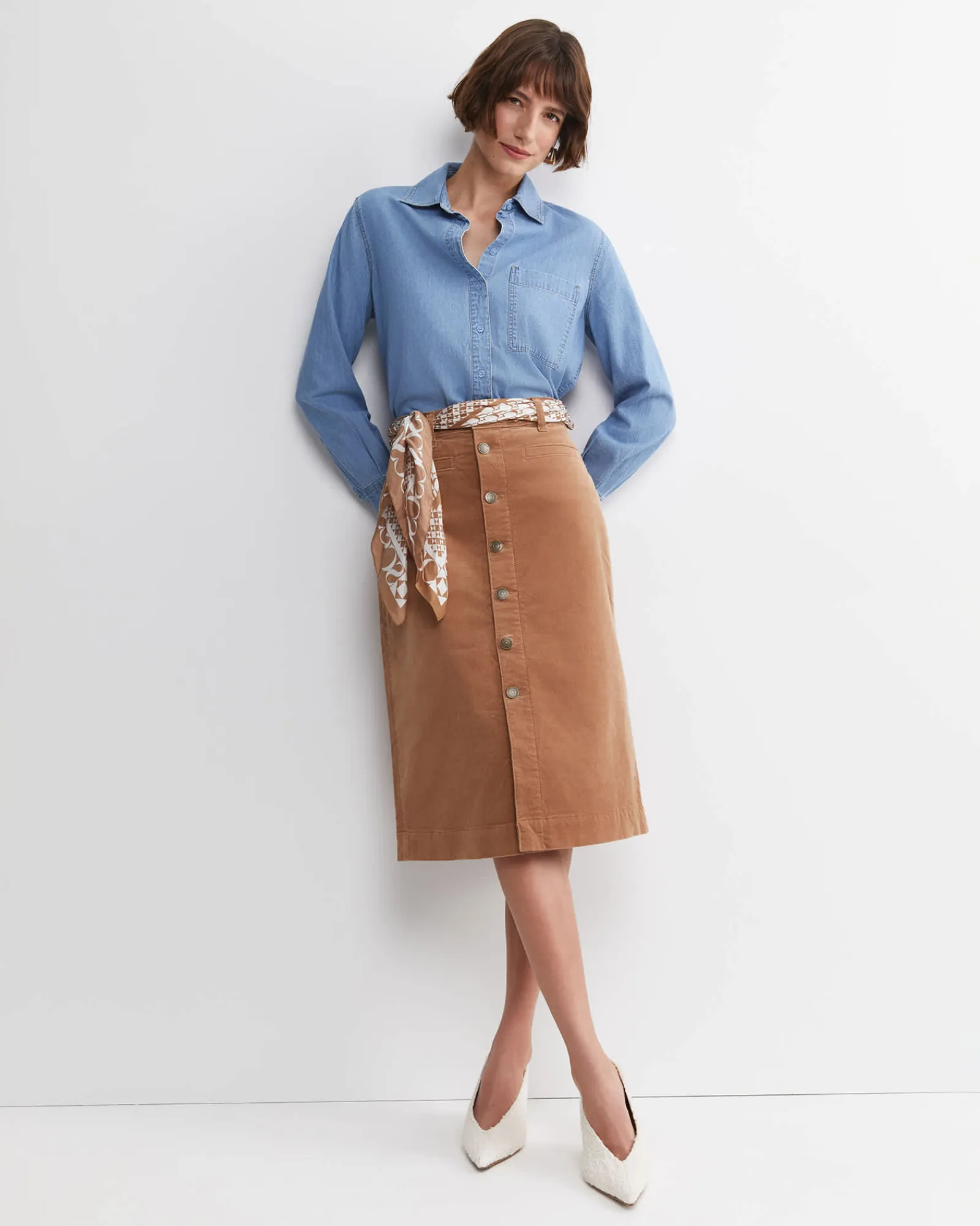 New Sportscraft Cleo Cord Midi Skirt in Camel