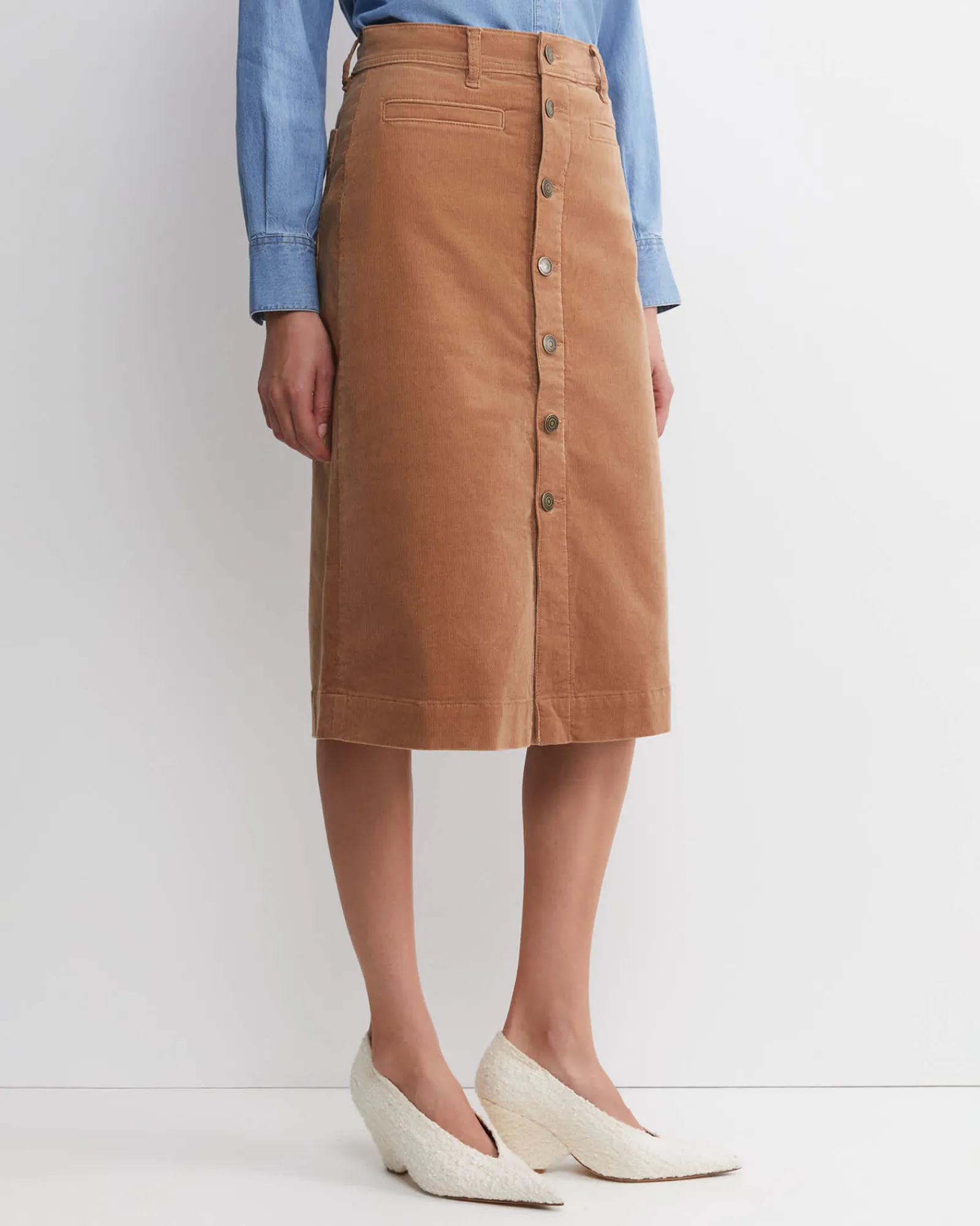 New Sportscraft Cleo Cord Midi Skirt in Camel