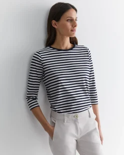 Outlet Sportscraft Cotton Crew 3 Quarter Sleeve T-Shirt in Navywhite Navy/white