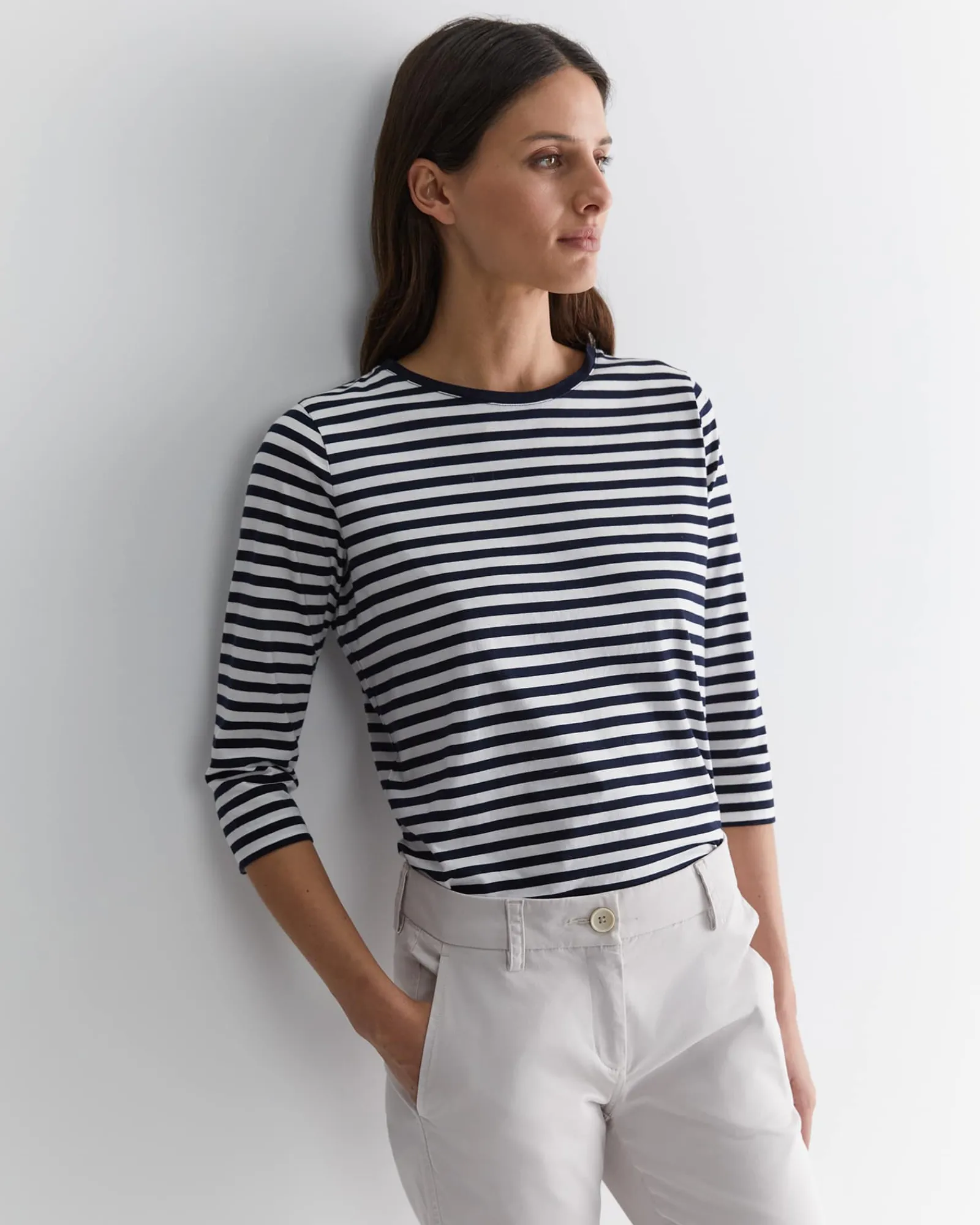 Outlet Sportscraft Cotton Crew 3 Quarter Sleeve T-Shirt in Navywhite Navy/white