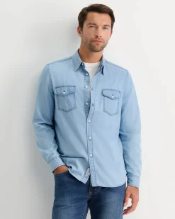 New Sportscraft Denim Long Sleeve Shirt in Light Wash LightWash