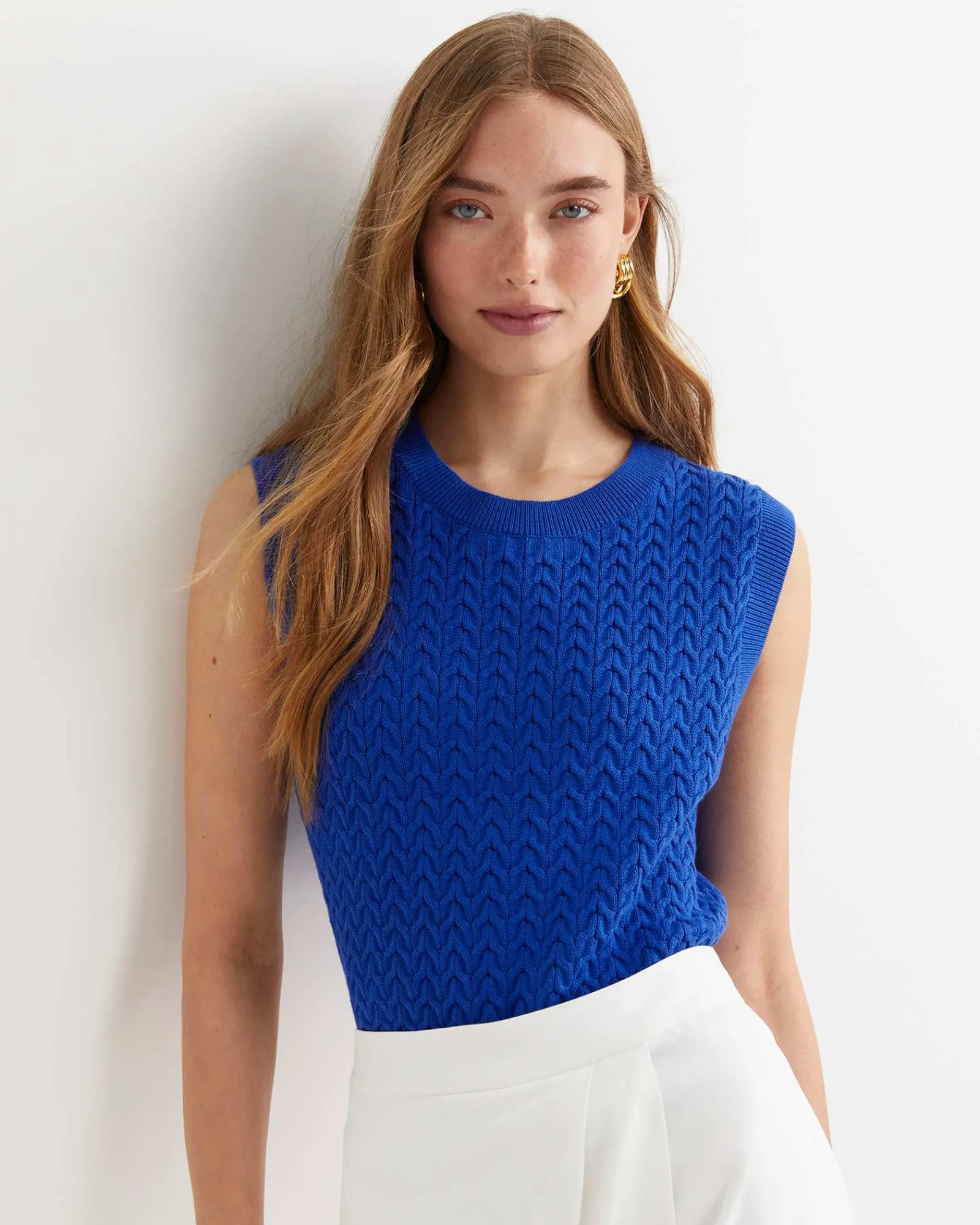 Fashion Sportscraft Elka Cable Cropped Vest in Sorrento Blue SorrentoBlue