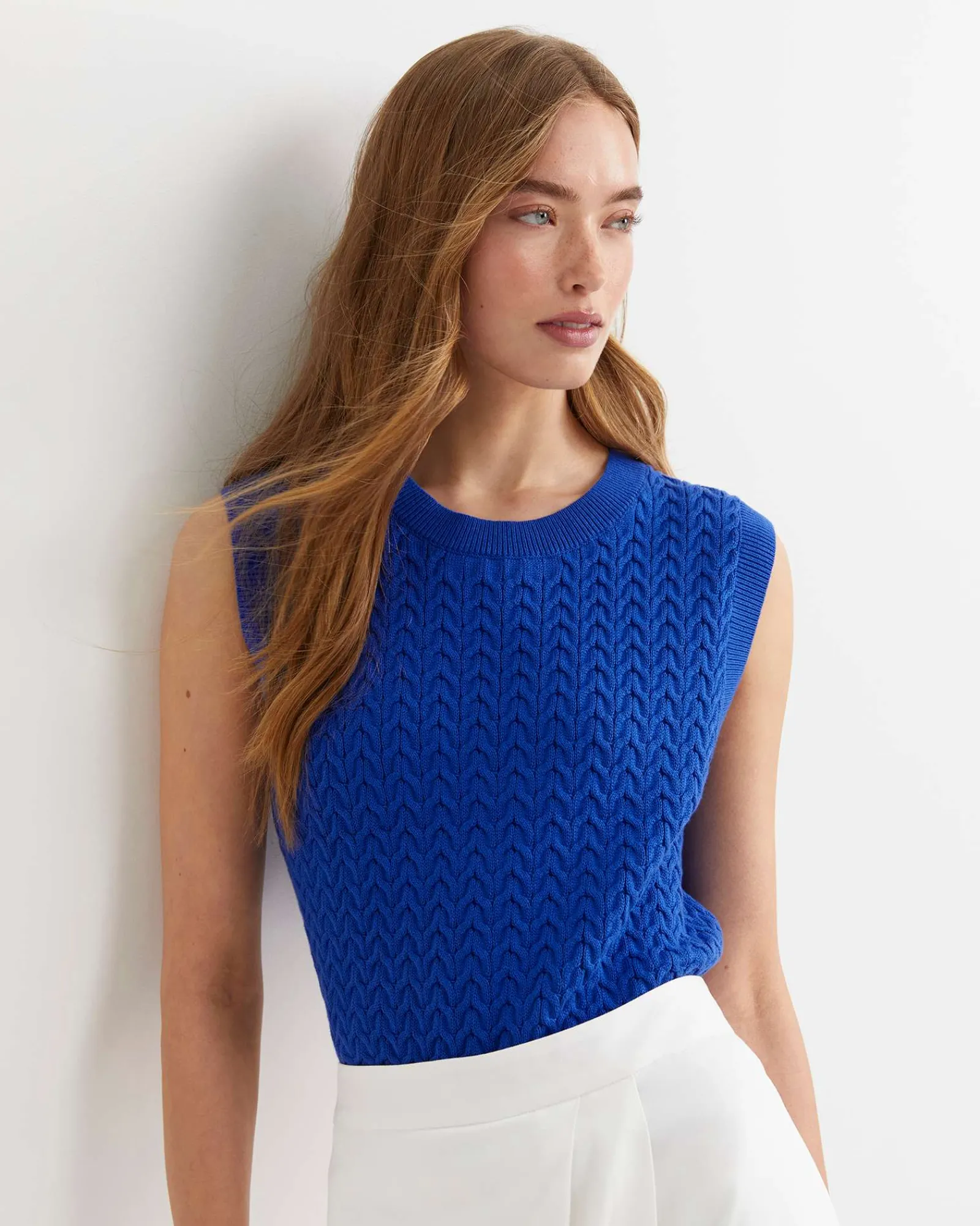 Fashion Sportscraft Elka Cable Cropped Vest in Sorrento Blue SorrentoBlue