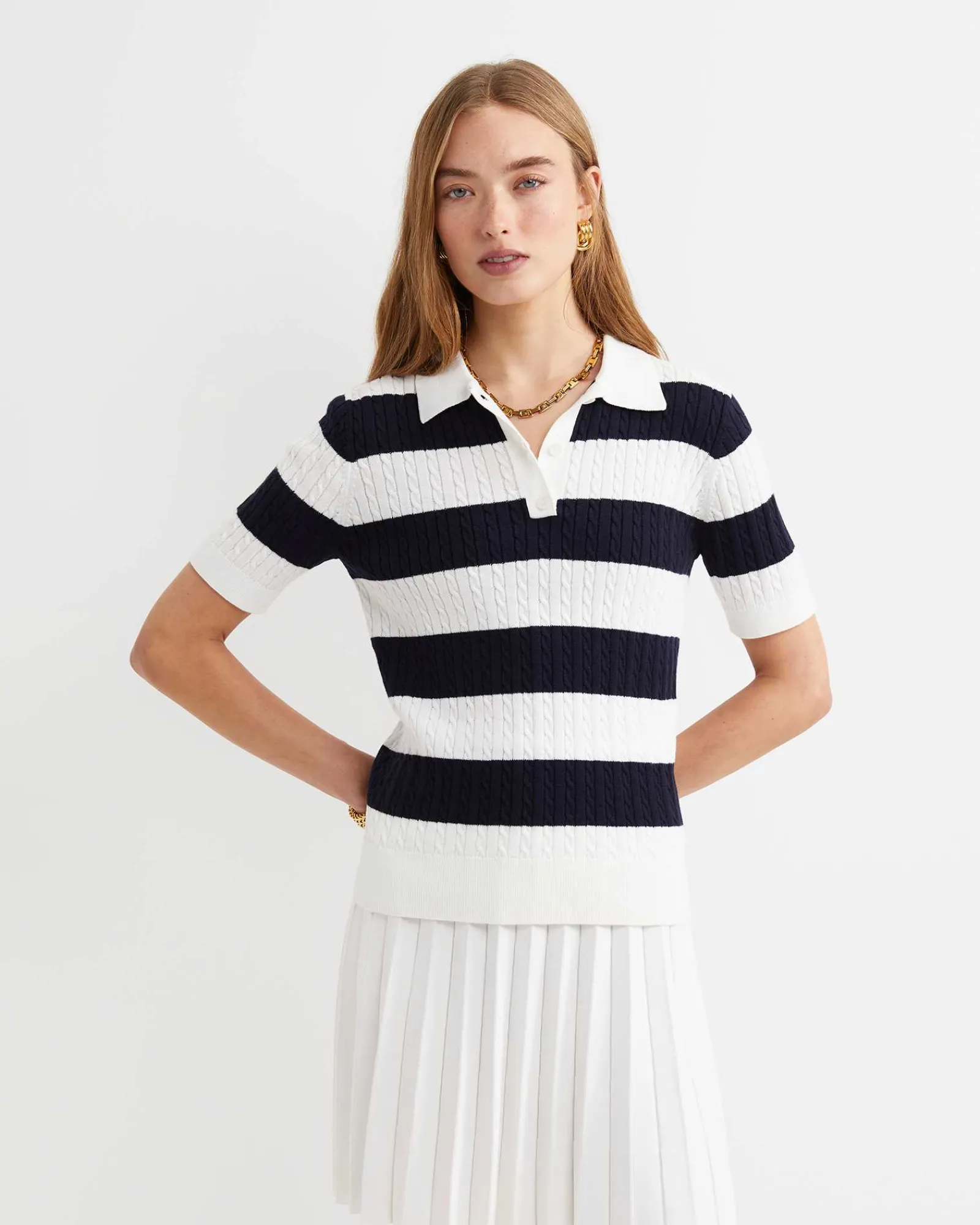 Outlet Sportscraft Elka Cable Polo in Whitenavy White/navy
