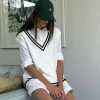 Best Sportscraft Elka Cable V-Neck Vest in Whitenavy White/navy