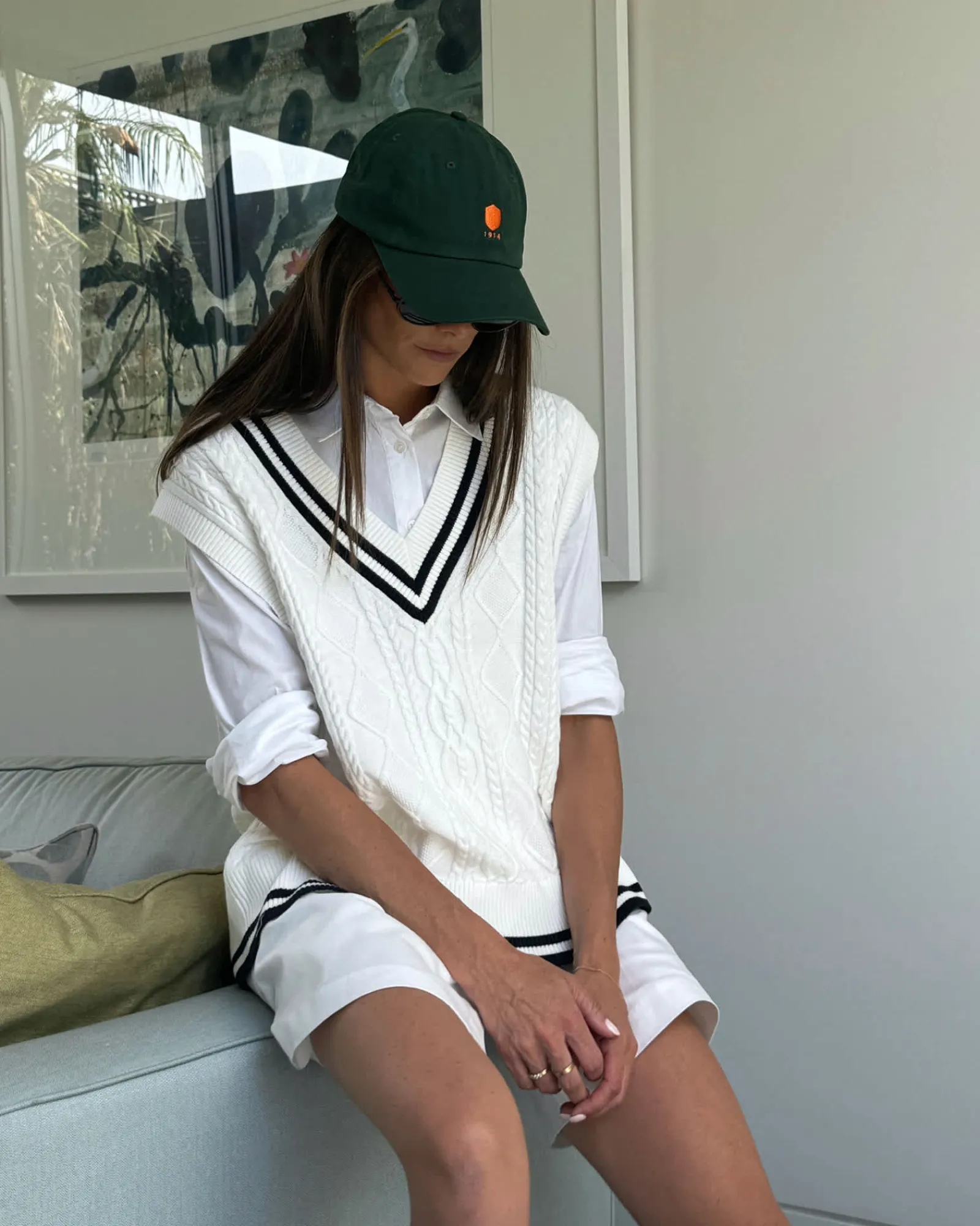 Best Sportscraft Elka Cable V-Neck Vest in Whitenavy White/navy