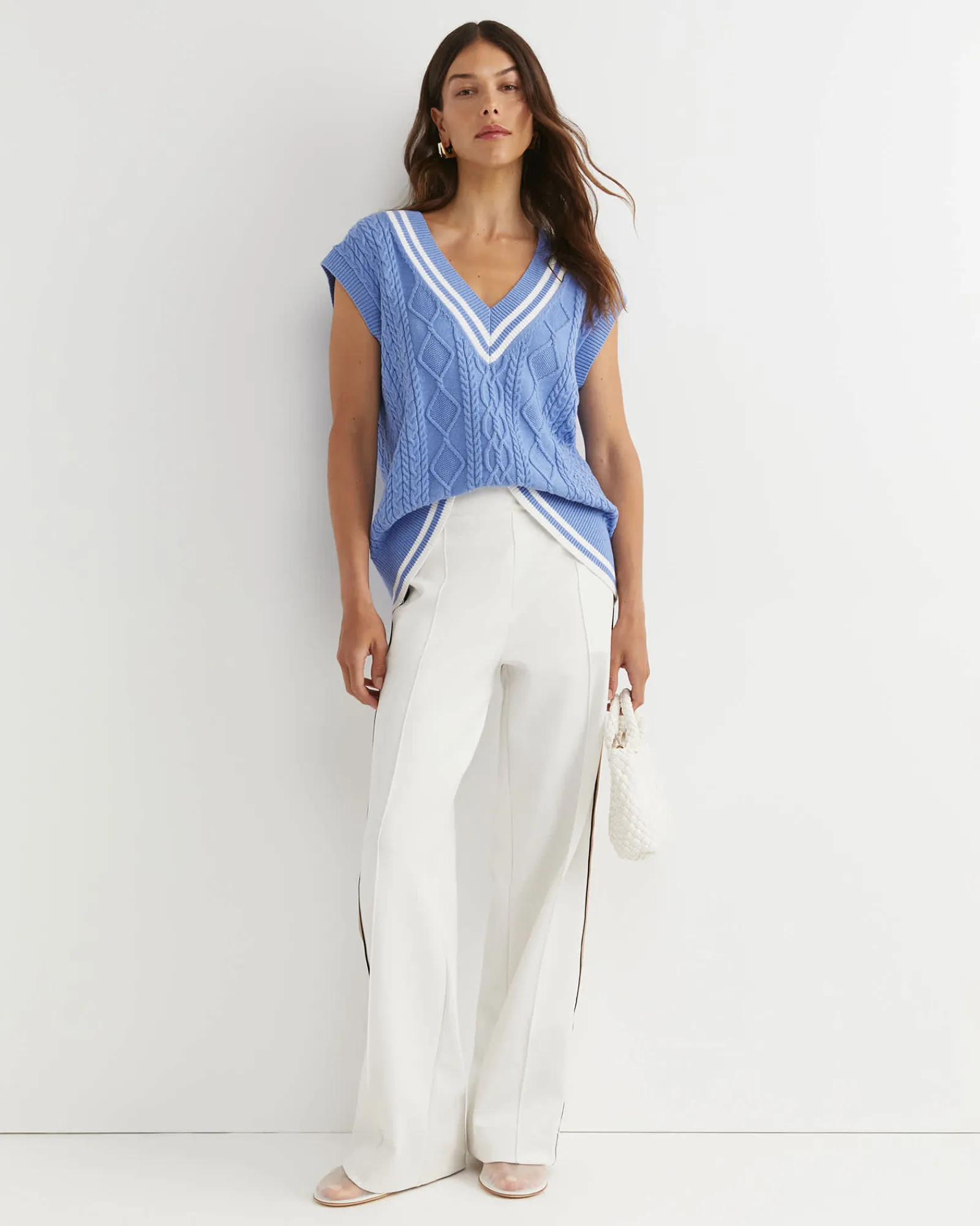 Sale Sportscraft Elka Cable V-Neck Vest in Belle Blue BelleBlue