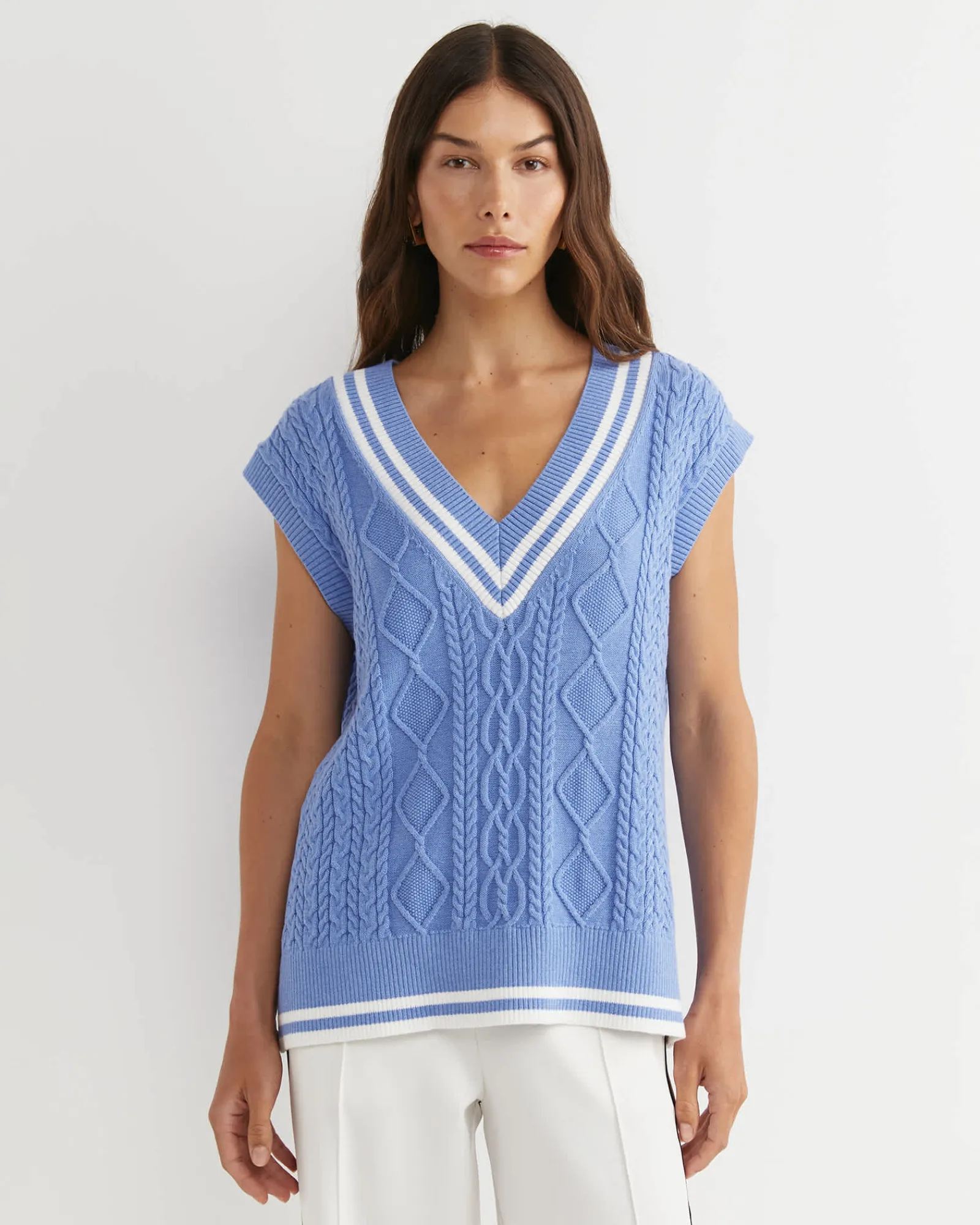Sale Sportscraft Elka Cable V-Neck Vest in Belle Blue BelleBlue