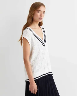 Best Sportscraft Elka Cable V-Neck Vest in Whitenavy White/navy