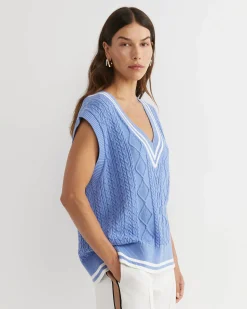 Sale Sportscraft Elka Cable V-Neck Vest in Belle Blue BelleBlue