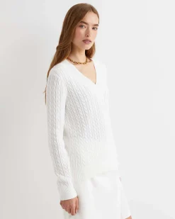Outlet Sportscraft Elka Varsity Cable Sweater in Winter White WinterWhite