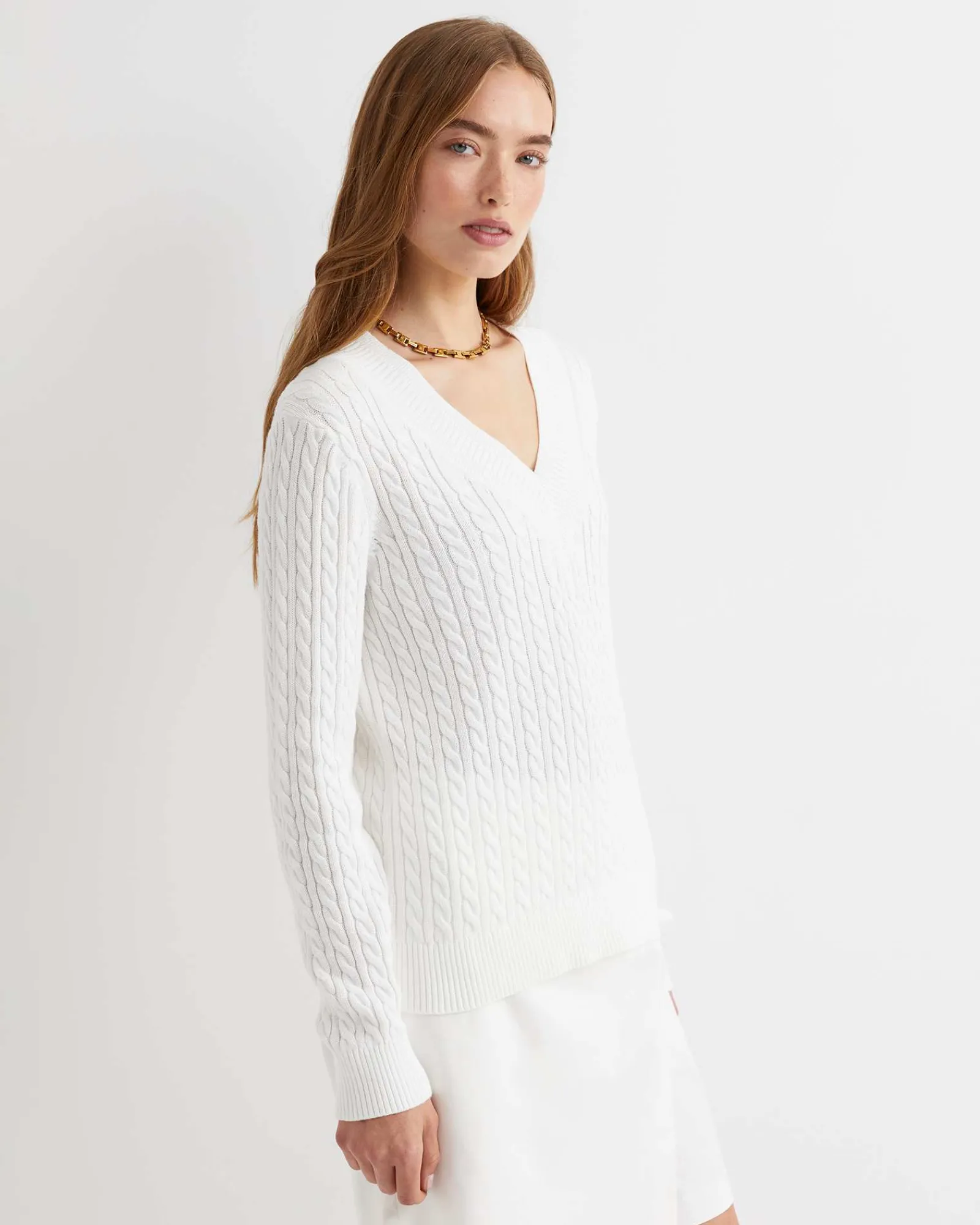 Outlet Sportscraft Elka Varsity Cable Sweater in Winter White WinterWhite
