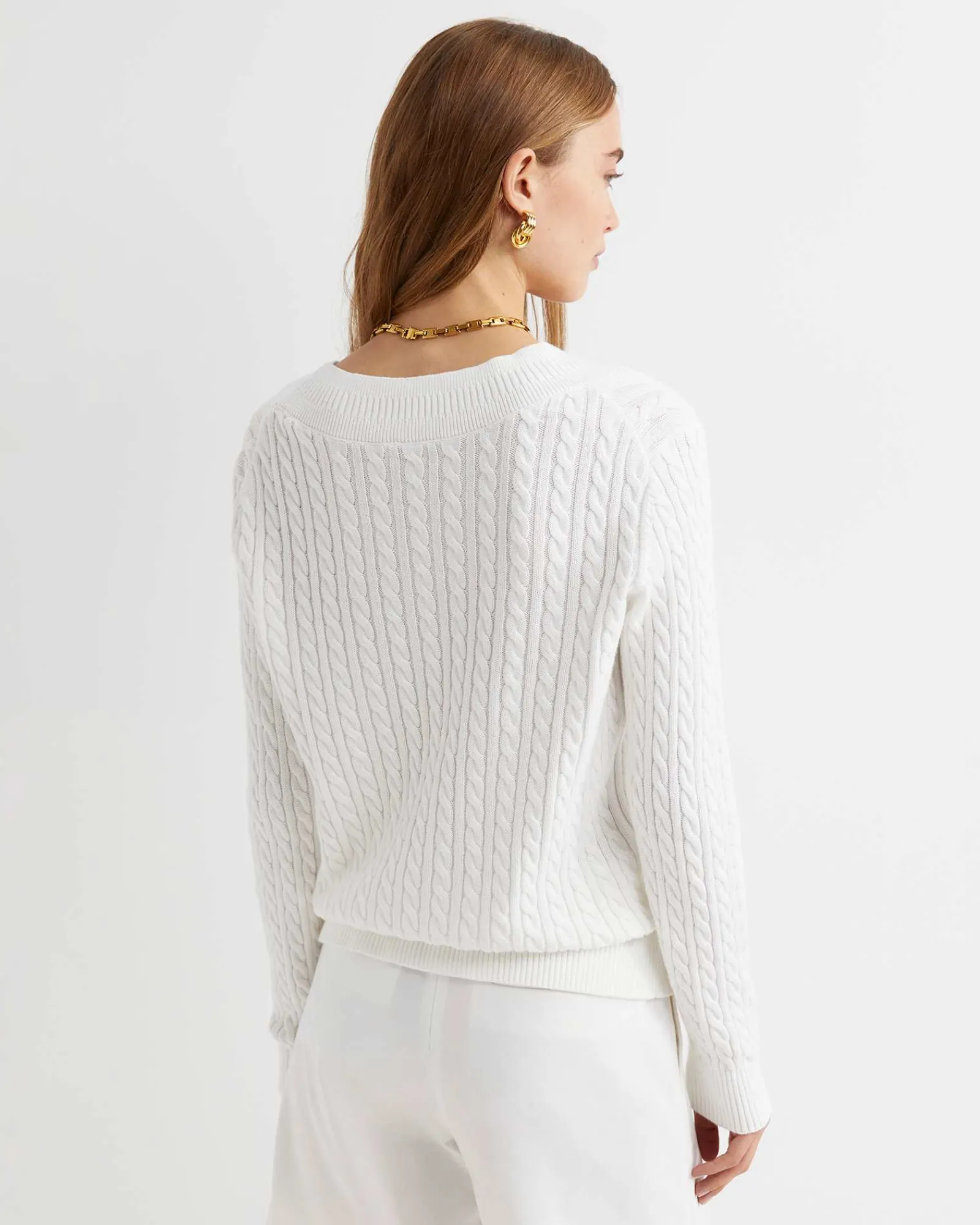 Outlet Sportscraft Elka Varsity Cable Sweater in Winter White WinterWhite